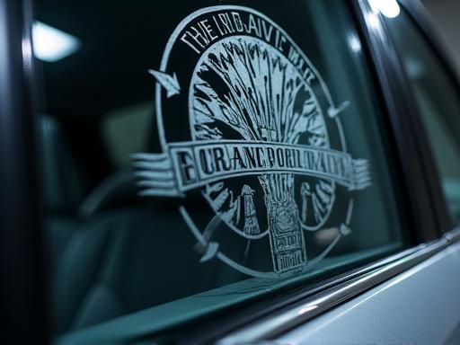 Detail ukiran seni kontemporer pada kaca samping mobil