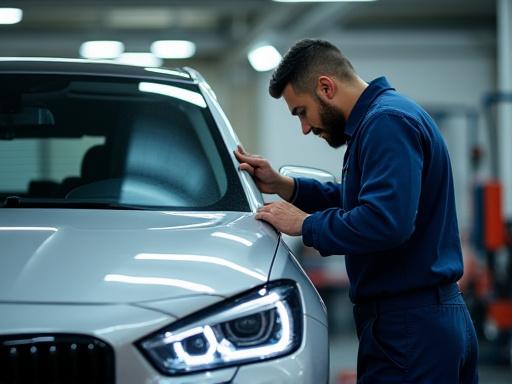 Teknisi profesional memasang kaca depan mobil dengan cermat