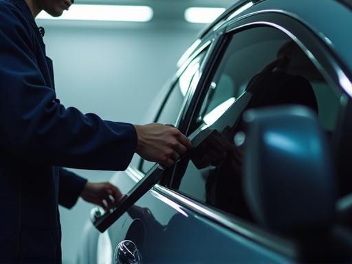 Tim ahli melakukan pemasangan lapisan film pelindung pada kaca mobil