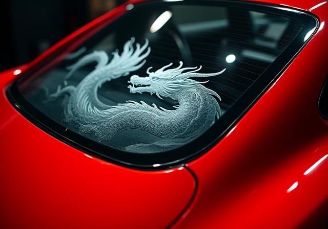 Kaca belakang sedan sport warna merah dengan grafir motif naga yang detail
