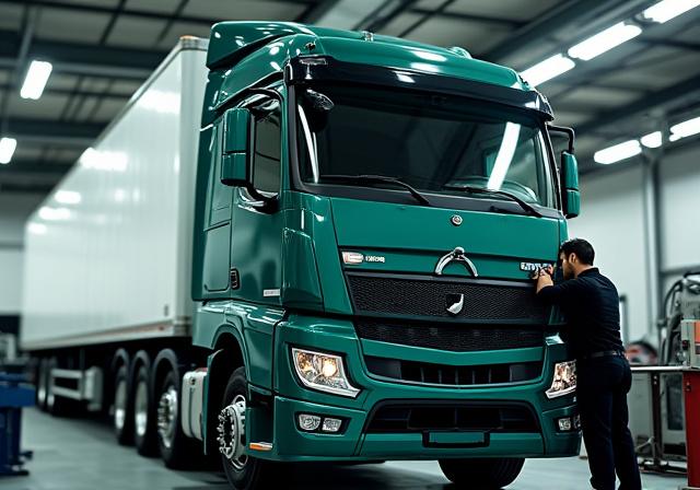 Proses penggantian kaca depan armada truk logistik besar dengan presisi