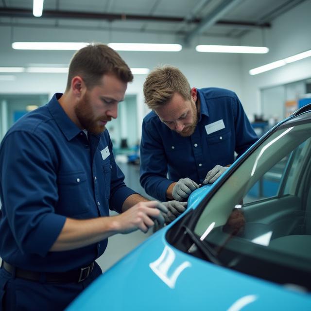 Tim teknisi sedang memeriksa detail kaca mobil